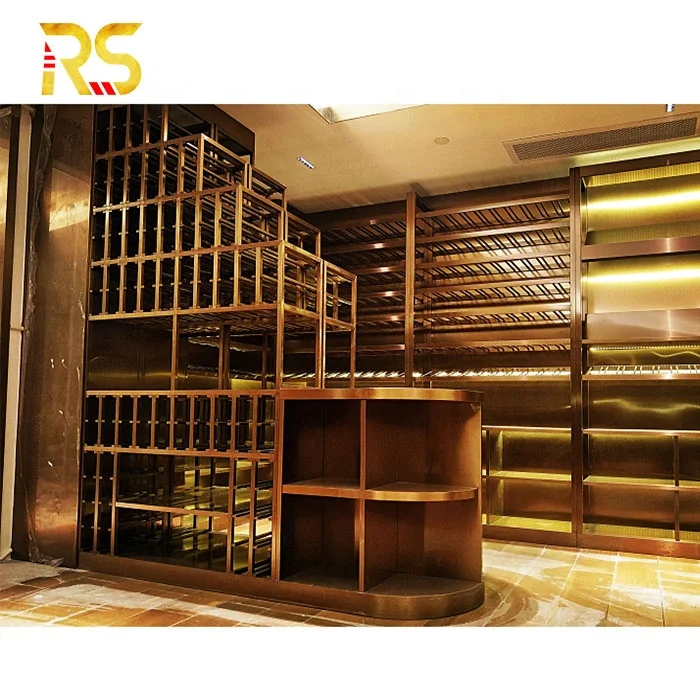 Villa stainless steel  room wine cabinet luxury wine rack gold wine cellar display