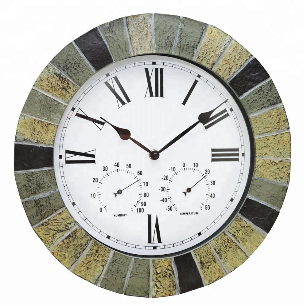
14 inch Faux Stone Outdoor garden Wall Clock with thermometer and HYGROMETER 