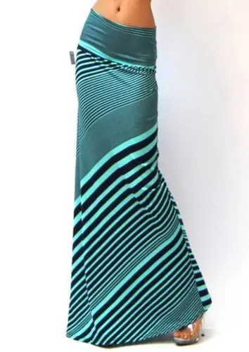 Fashion OEM Women Sexy A-Line MULTI STRIPED FOLDOVER JERSEY KNIT RAYON LONG MAXI SKIRT Tight Fitted Bodycon Dress