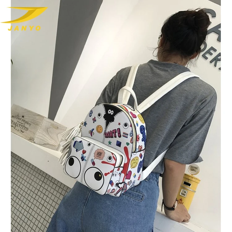 custom logo backpack bag white printed pu leather graphic print stylish backpack for ladies