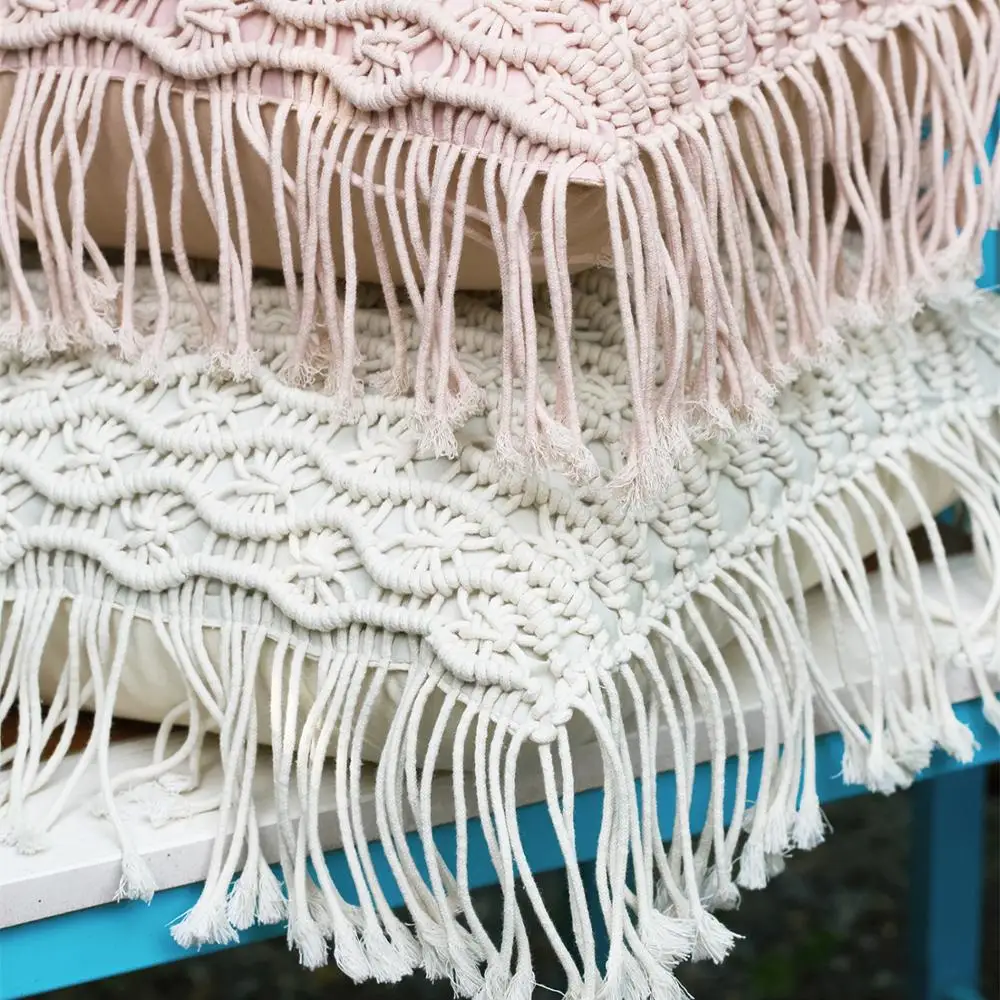 Solid Hand Knitting Lolita Crochet Throw Pillow Cover Cushions Macrame Trim Decoration Round Pillow Case Insert Included