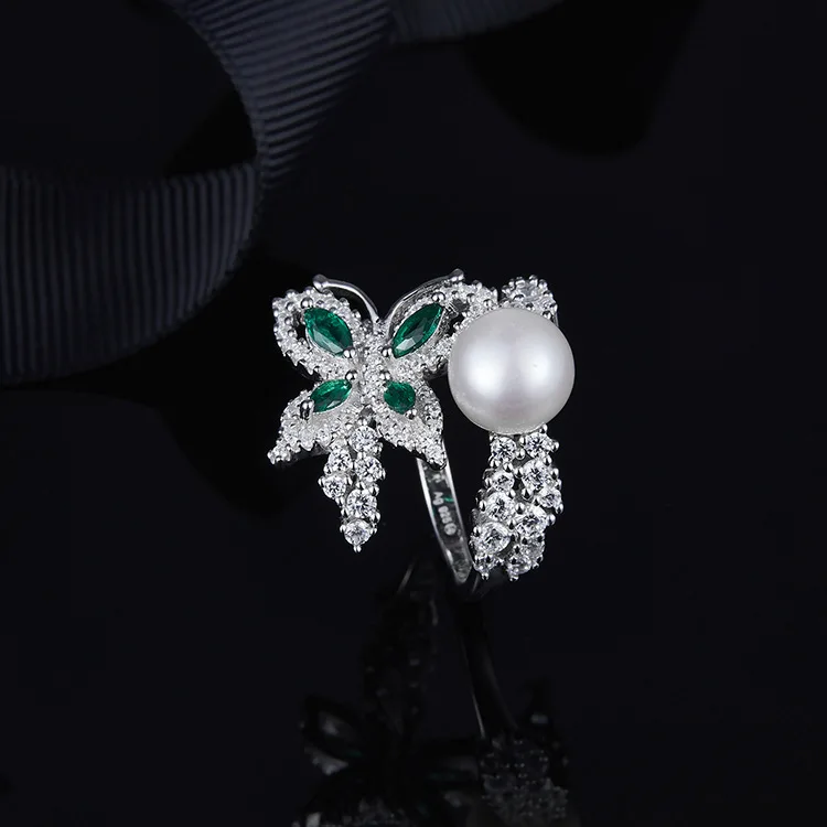 
Fashion 925 Sterling Silver Platinum Plated AAA Cubic Zirconia Butterfly Design Marquise Cut Created Emerald Shell Pearl Ring 