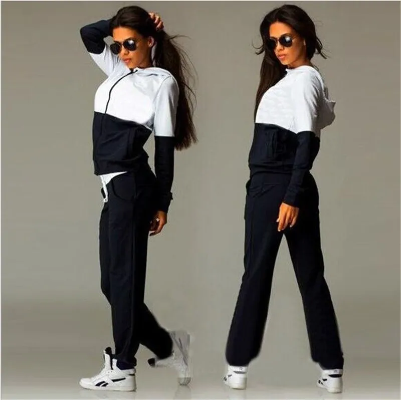 Hot Style 2016 Spring Autumn New Fashion Women Sports Suits Leisure Slim Big yards Splicing Hooded