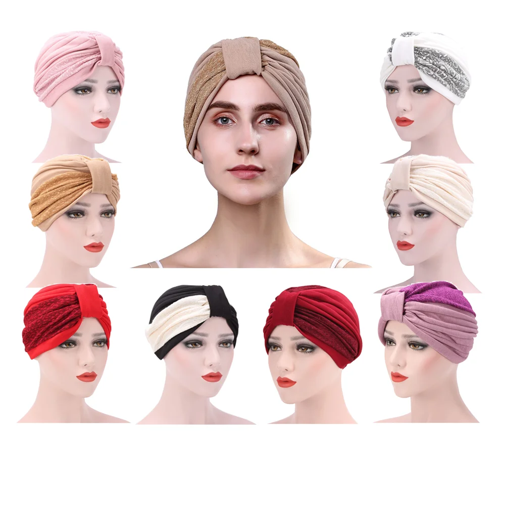 Autumn and winter new arrive turban headdress two-color mosaic folds muslim women bandana cap India arabic custom hair turban