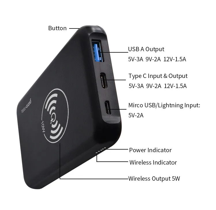 золотой поставщик портативный мобильный зарядное устройство 10000 мАч беспроводной банк QI WPC от Exmight завод