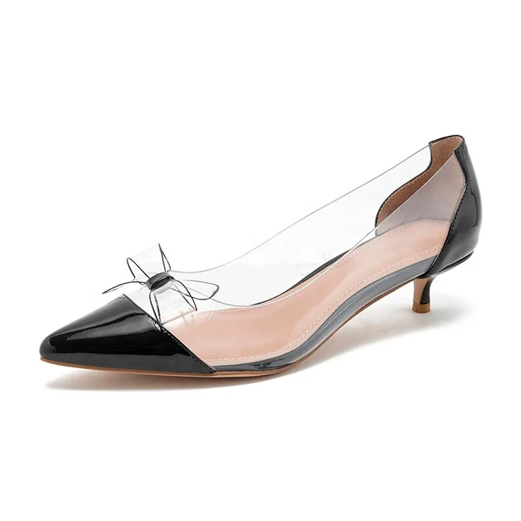 Elegant stitching patent leather mid heel transparent shoes for women