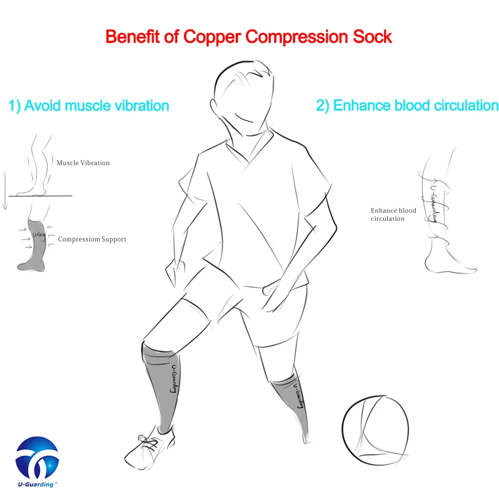 U-Guarding Copper compression Calf Sock with 15-19mmHg pressure lever one for football player