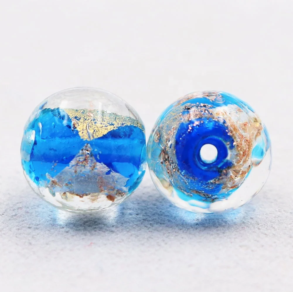 Murano Glass Half Gold Foil Leaf Beads Handmade Round Half Silver Foil Leaf Mala Beads Lampwork Gold Sand Aventurine Stone Beads