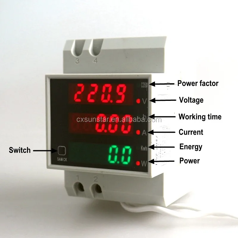Din Rail Dual Display LED Ammeter Voltmeter AC 80-300V 0-100.0A Voltage Current Power Time Energy Tester 4 Digits 3 IN 1