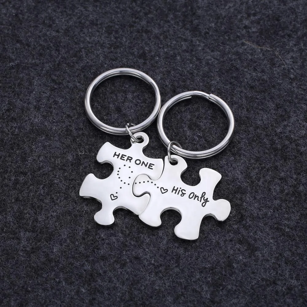 316L Stainless Steel Jewelry Puzzle Piece Keychain HER ONE HIS ONLY Couple Keychain