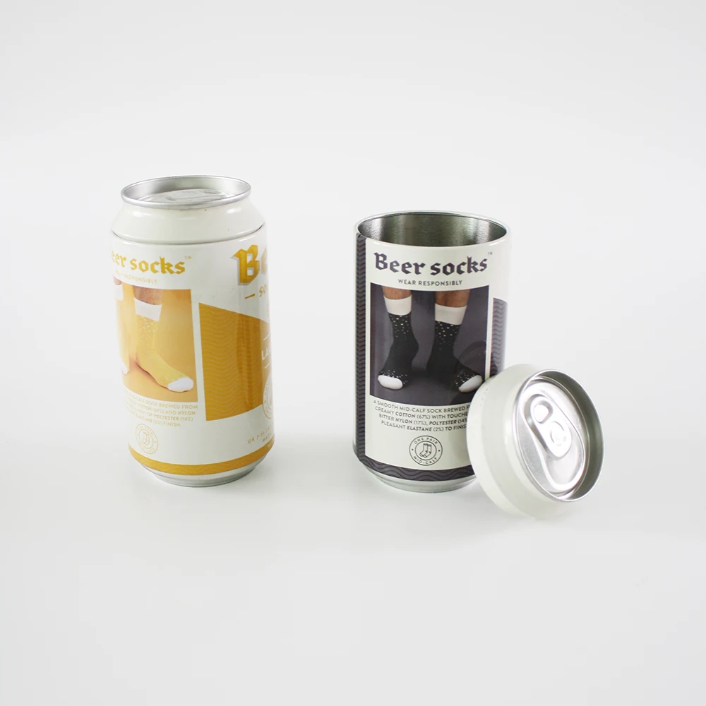 Custom logo beer socks in a can