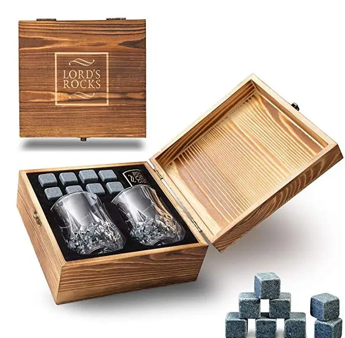 Solid wooden Whiskey Stones and Whiskey Glass Gift Boxed ,wooden box with whiskey stone accessories