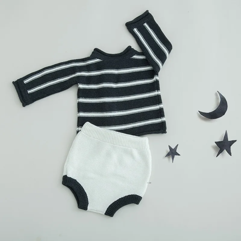 Spring knitted striped design baby outfits top sweater cardigan and trousers children clothes suit