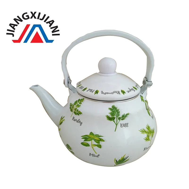 
Hot Selling New Design 1.5L 2.0L Pear Shaped Enamel Kettle Teapot with Furit Decal In Market 