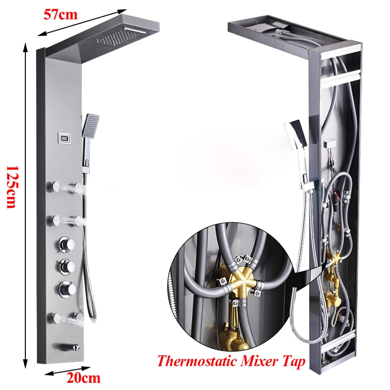Thermostatic Waterfall Rain Shower Column Panel Jets Sprayer Hand Tub Mixer Tap