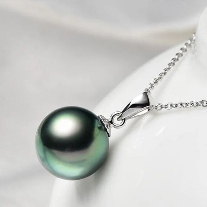 10-11mm 3A peacock 18K real genuine white gold tahiti tahitian black pearl necklace