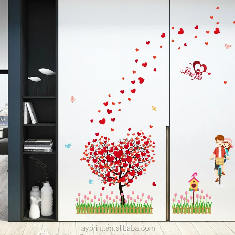 SK9207 New design love tree red loving heart bicycle lover wall sticker home decorative removable