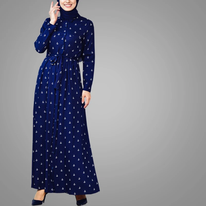 New Arrival Beautiful Printing Dress Navy Blue Turkish Abaya Muslim Dress Ladies Modern Islamic Clothing