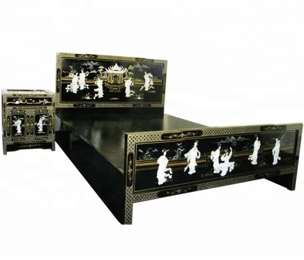 
mother of pearl lacquer asia oriental furniture hand painted bedroom bed 