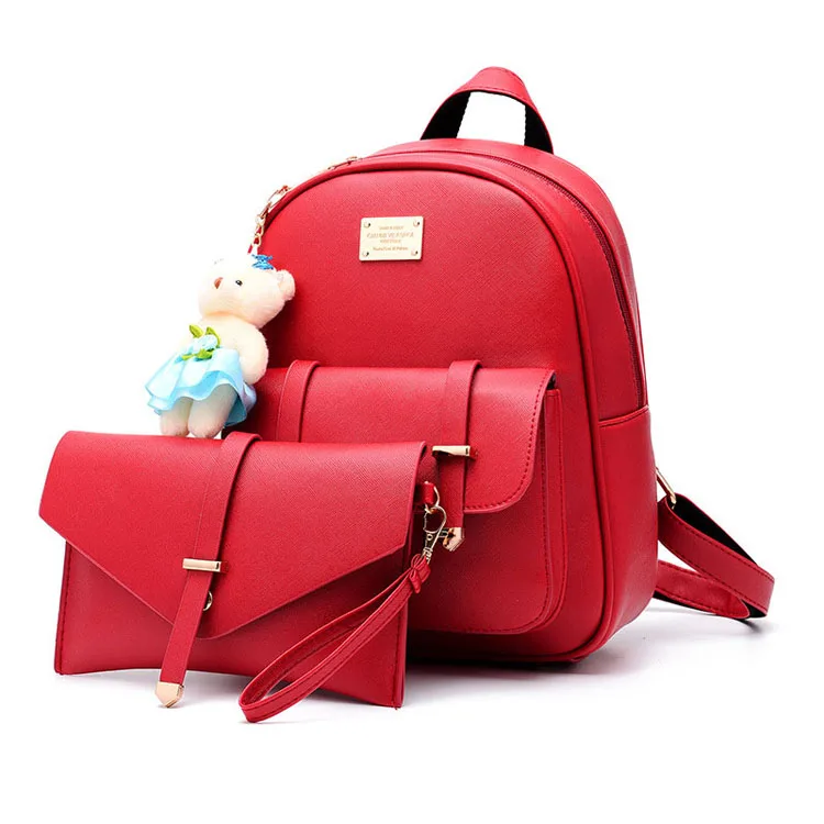 Korea Fancy Model Cheap Red PU Leather Female Backpack With Purse And Many Pockets