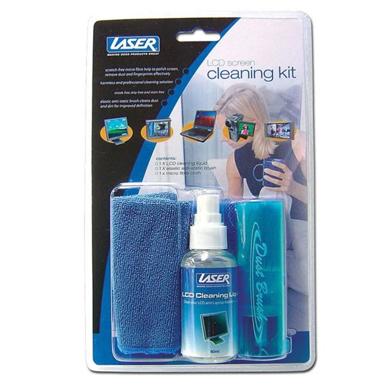 
Laser 60ml LCD Monitor screen cleaner kit includes cleaning solution, micro fibre cloth, dusting brush and carrier pouch 