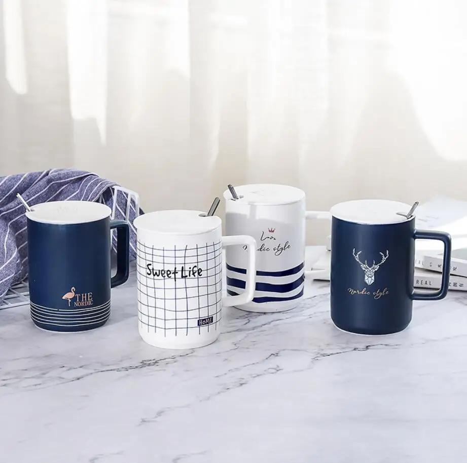 Nordic Porcelain Mug Nordic style matte blue ceramic coffee cup with lids