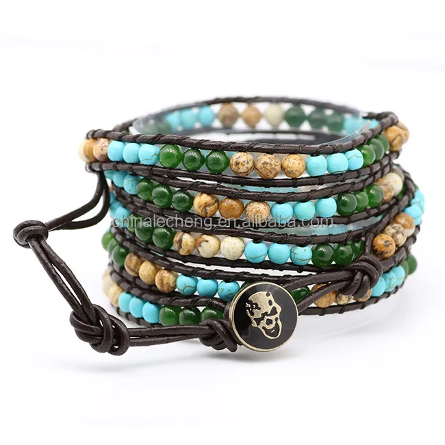 
Jade, Sterling Silver, Triple Wrap Leather Beaded Bracelet. Semiprecious Green Jade Beads, Sterling Flower Button 