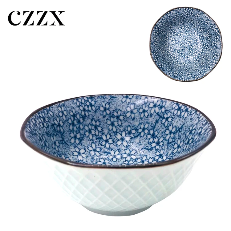 Китайская фабрика, оптовая продажа, 5 дюймов, внутренняя синяя восьмиугольная керамическая японская миска с тиснением под глазурью для лапши, супа, риса