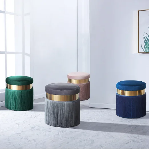 Purple velvet round ottoman gold plated with fringe