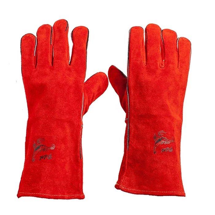 Red heat resistant gloves cow split leather anti fire elbow length gloves for hand protection