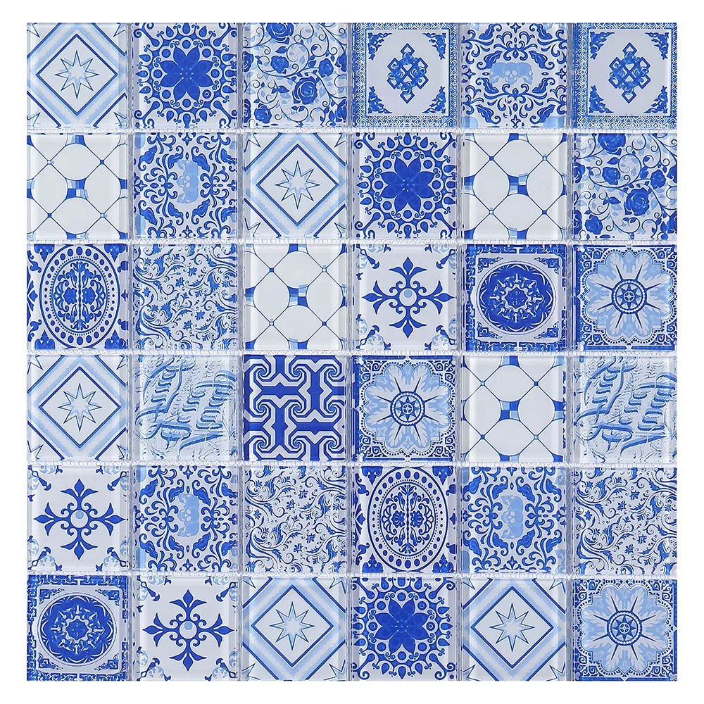 Antique arabesque blue family flower design crystal glass mosaic tiles