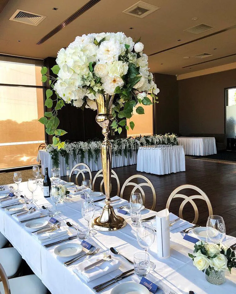 
New Tall Flower Vase Wedding Decorative Gold Metal Vase Centerpieces Trumpet Flower Vase With Large Bowl 