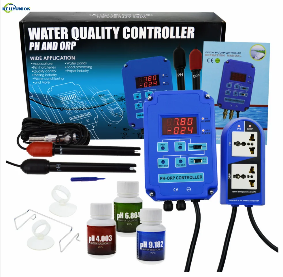 Digital pH ORP Redox 2 in 1 Controller Monitor w/ Output Power Relay Control, Electrode Probe BNC, Water Quality Meter Kit