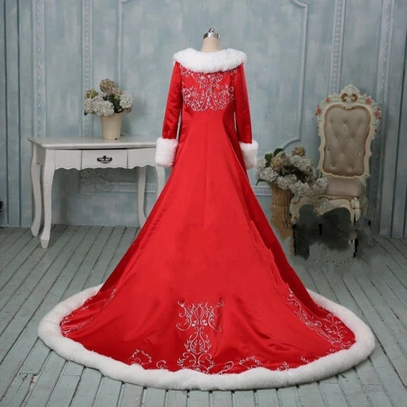 NW1162 Red Embroidery Wedding Cape Cloak Long Sleeve Furs Winter Bridal Coat