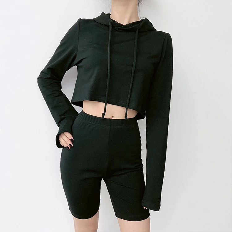 Wholesale Women Sports 2 Pieces Crop Top Hoodie Shorts Set two piece pants set