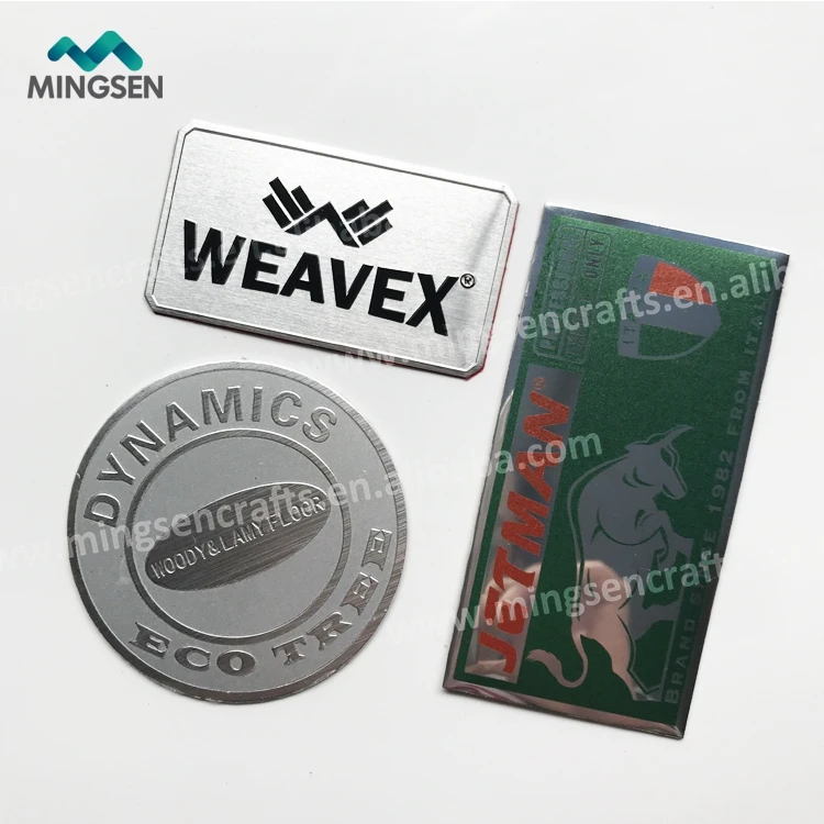 custom adhesive backing round shape raised logo tag metal