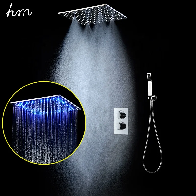 Bathroom Accessories Shower 3 Ways Thermostatic Valve Shower Set With 20 Inches 304ss Rain Mist Shower Head LED Lighting