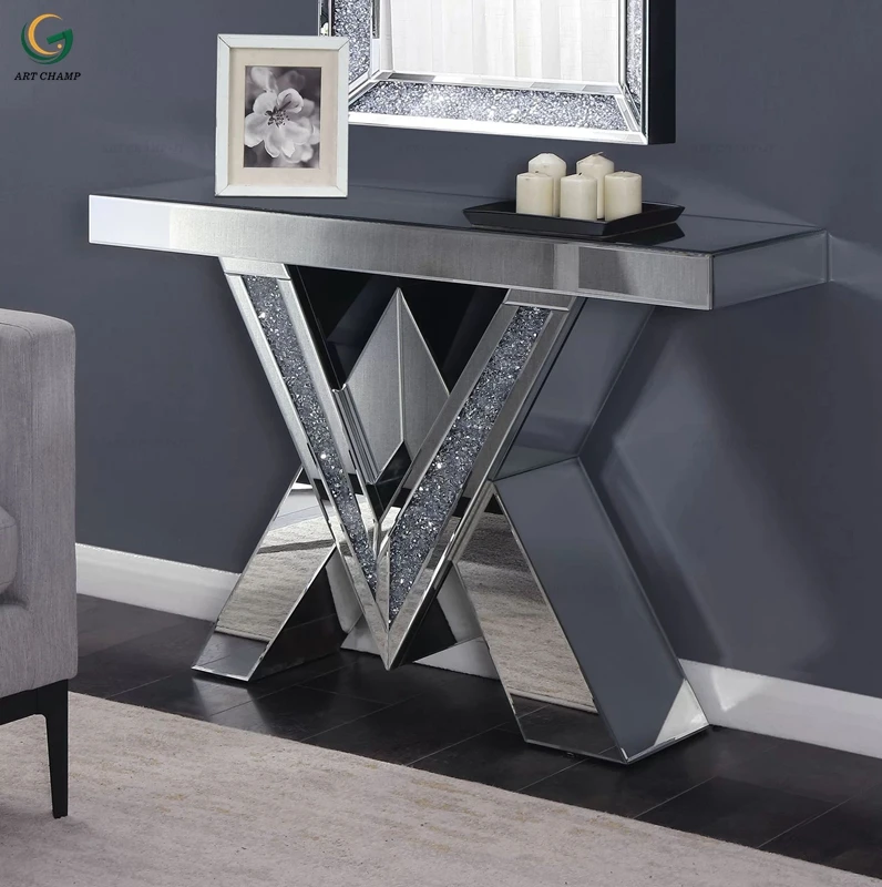 Modern home furniture diamond crush wood silver mirrored glass console table luxury