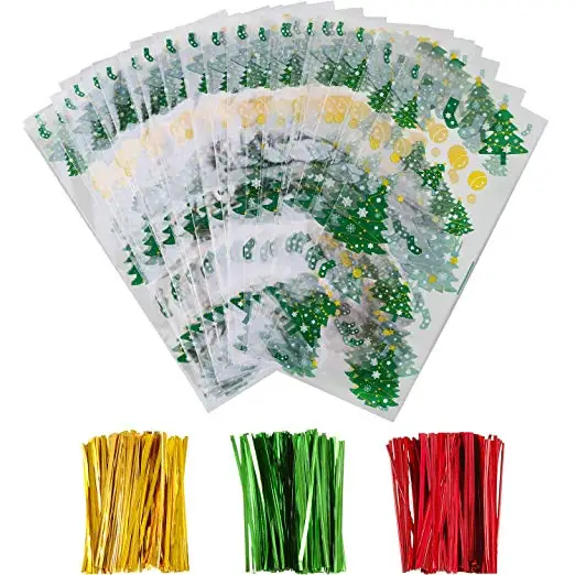 200 Pieces Christmas Cellophane Treat Bags Clear Candy Cookie Bags in Different Design with 200 Pieces Twist Ties Sugar Grocery