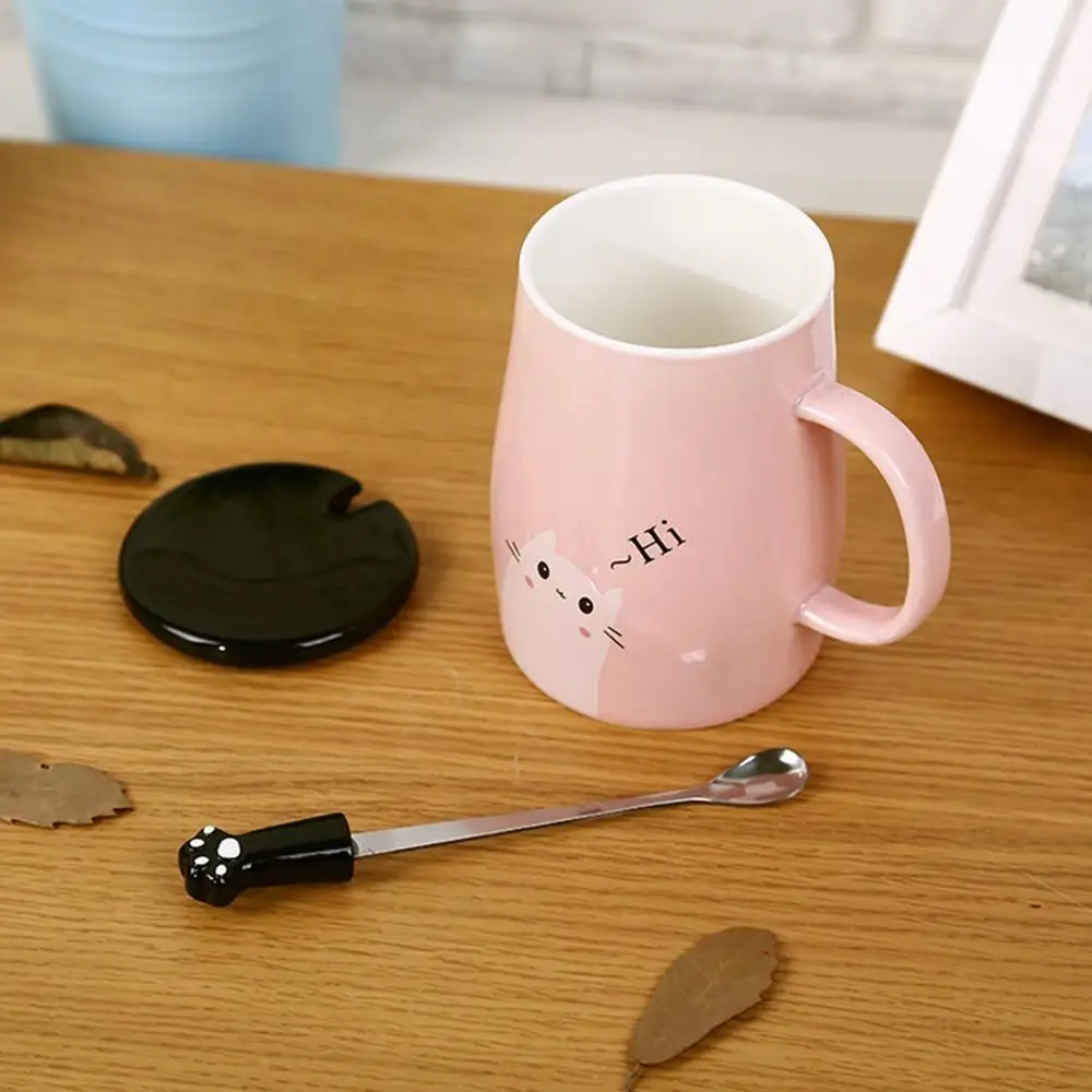 Pink Cute Cat Mug Funny Ceramic Coffee Mug with Stainless Steel Spoon