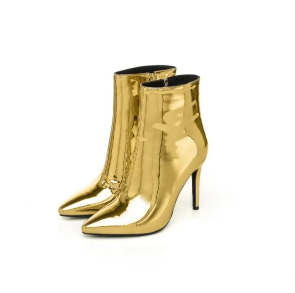 gold patent leather pointed toe high heel ankle boots