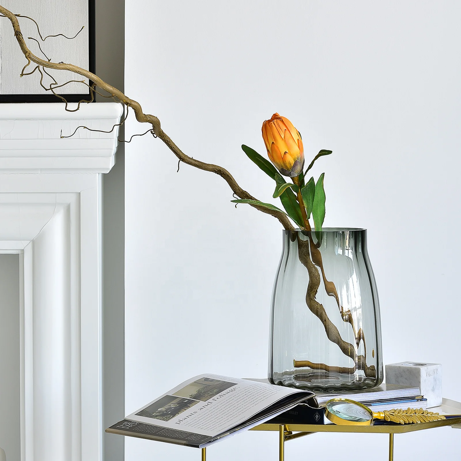 Bixuan Vases Grey Ribbed Handblown Glass Flower Arrangement Jar Vase Candleholder Table Decoration Centerpieces Accent Vases