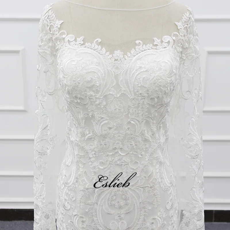 Eslieb 2019 SJ048 Charming Mermaid Long Sleeve Tulle Lace Appliques Vintage Wedding Dress With Scalloped Muslim Wedding Dress