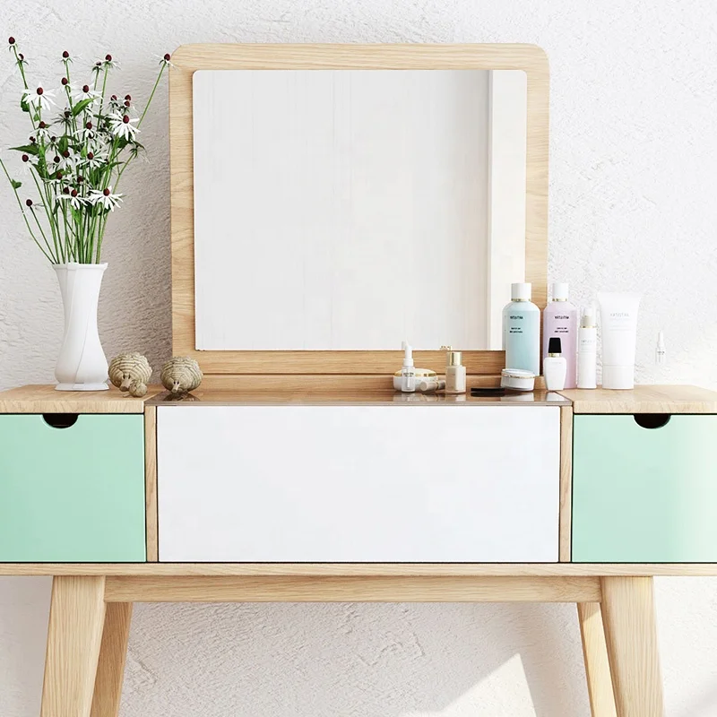 Nordic Style Modern Bedroom Cosmetic Partition Storage Design Flip Mirror Wood Dresser Furniture