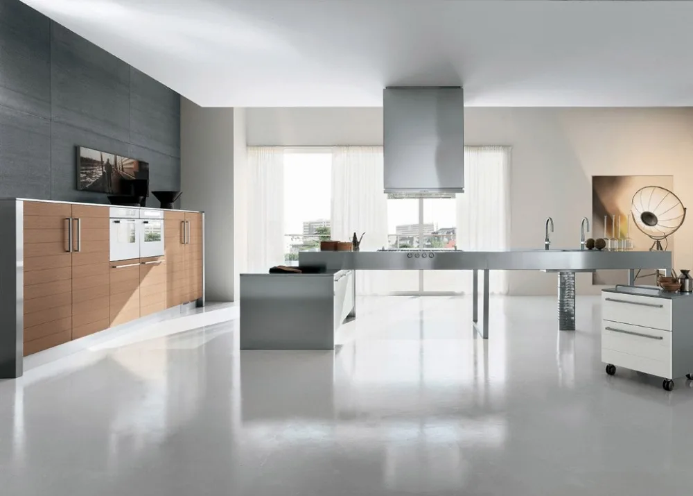 2022 Hangzhou Vermonhouse Grey Color Modern Kitchen Cabinet Designs New Model with Island High Gloss Metal Kitchen Furniture