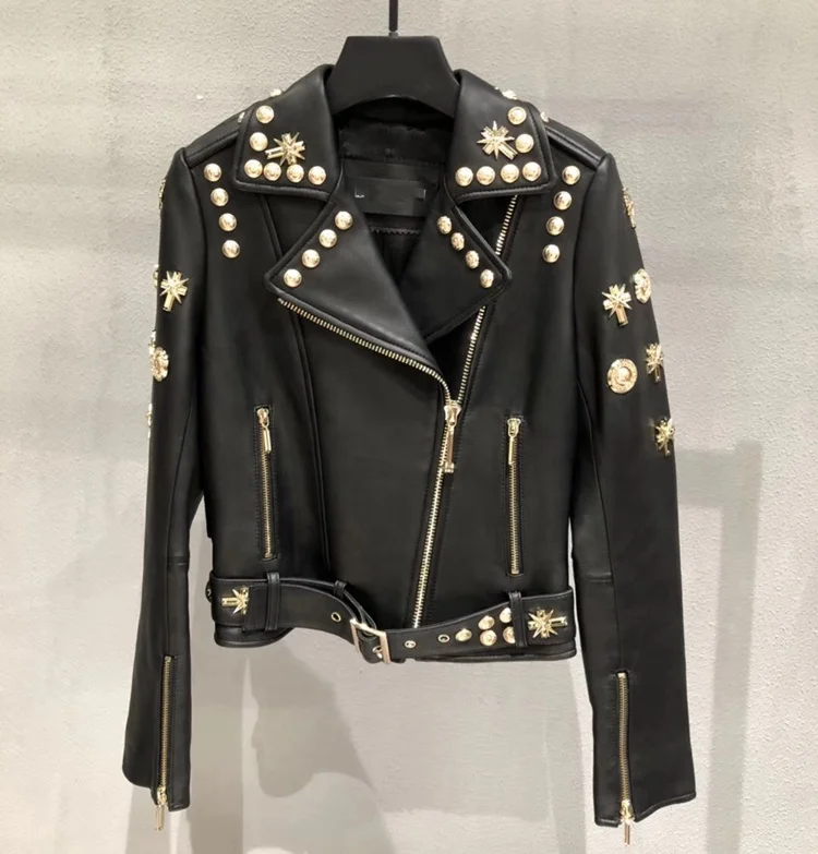 Fashion Cool Design Genuine Leather Coat Short Real Leather Punk Style Casual Studded Perfectly Motorcycle Women Leather Jacket