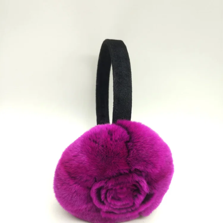 
STABILE 100% Real Rex Rabbit Fur Ear Muffs / Rose Flower Shape Foldable Fur Earmuffs 