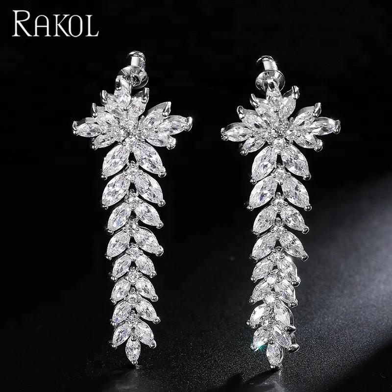 RAKOL EP002 Luxury Snowflake Earring Zircon Wedding Bridal CZ Cubic Zirconia White Gold Drop Wedding Earrings