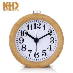 KH-WC022 Creative Small Round Classic Wood Silent Desk Travel Alarm Clock With Nightlight