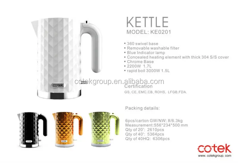 Diamond Tea Electric Kettle with Dry Boil protection and 2 Stage Opening System